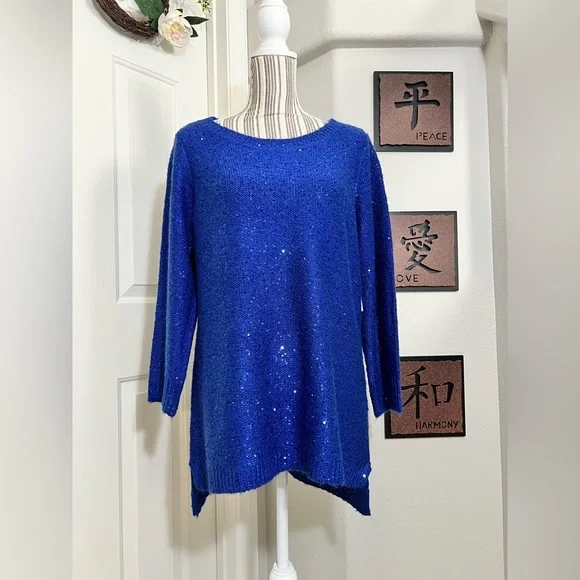 ANN KLEIN NWT $89 blue glitter knitted scoopneck hi-low sweater/dress XL - Picture 8 of 10